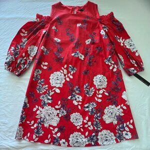 Maggy London Red Floral Summer Dress Size 6 Open Shoulders New 100%Cotton